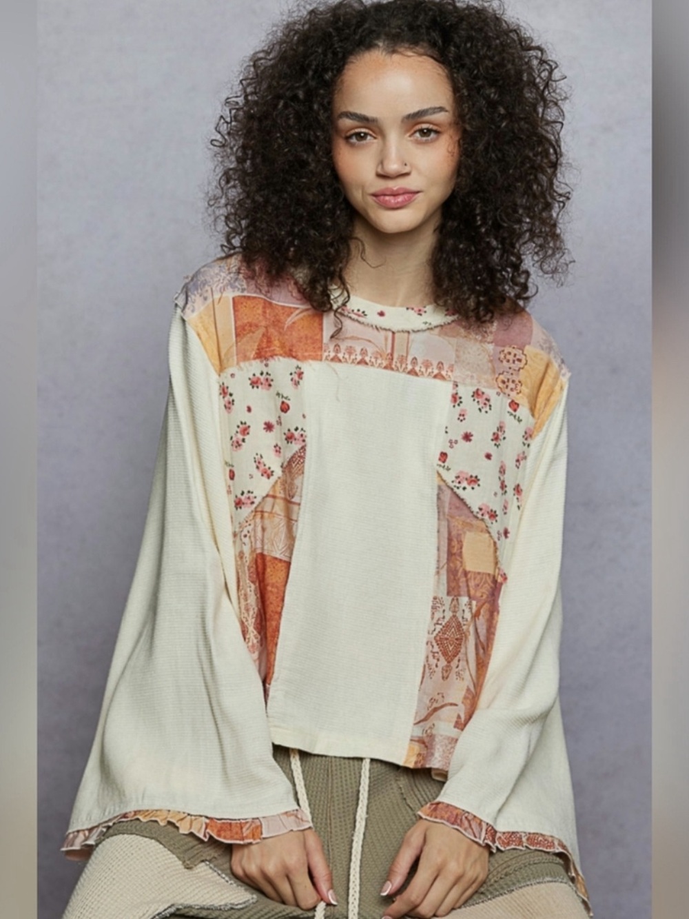 POL Boho Patchwork Bell Sleeve Top - Picture 5 of 6